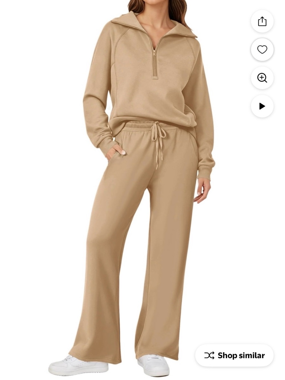 (Set) Wide-Leg Drawstring Lounge Pants in Camel with Sweat Jacket